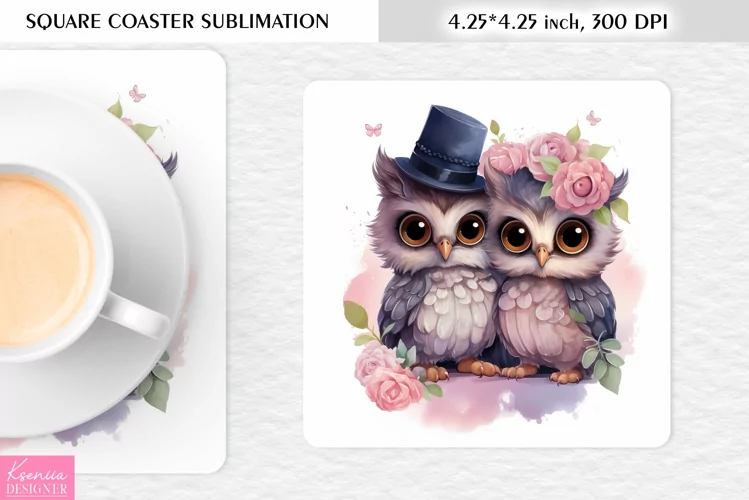 Cute Watercolor Owl| Square Coaster Sublimation