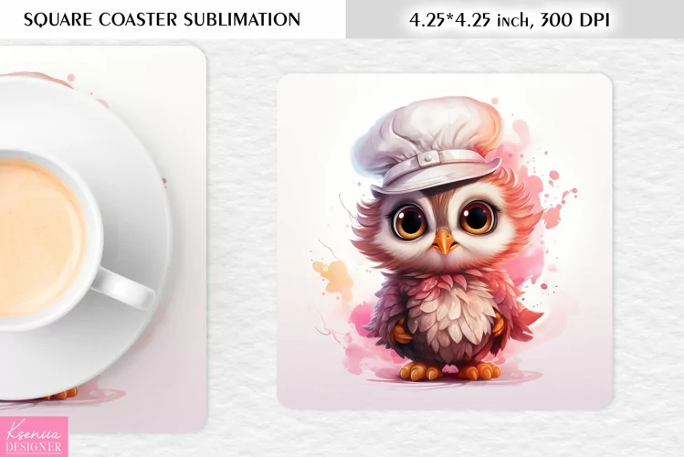 Cute Watercolor Owl| Square Coaster Sublimation