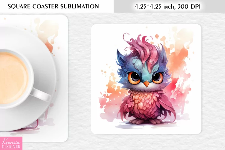Cute Watercolor Owl| Square Coaster Sublimation