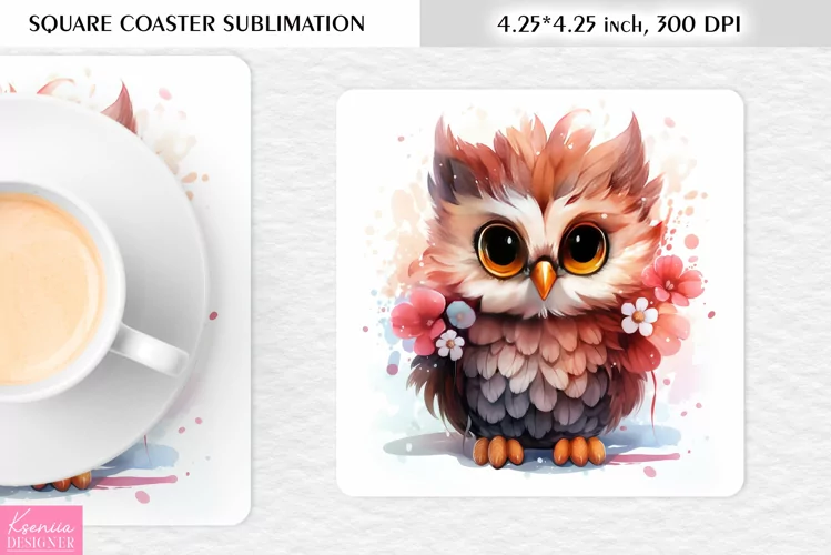 Cute Watercolor Owl| Square Coaster Sublimation
