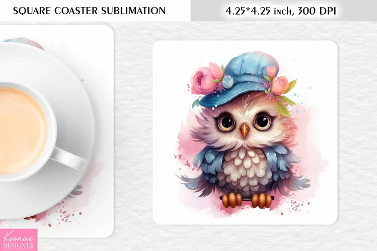 Cute Watercolor Owl| Square Coaster Sublimation