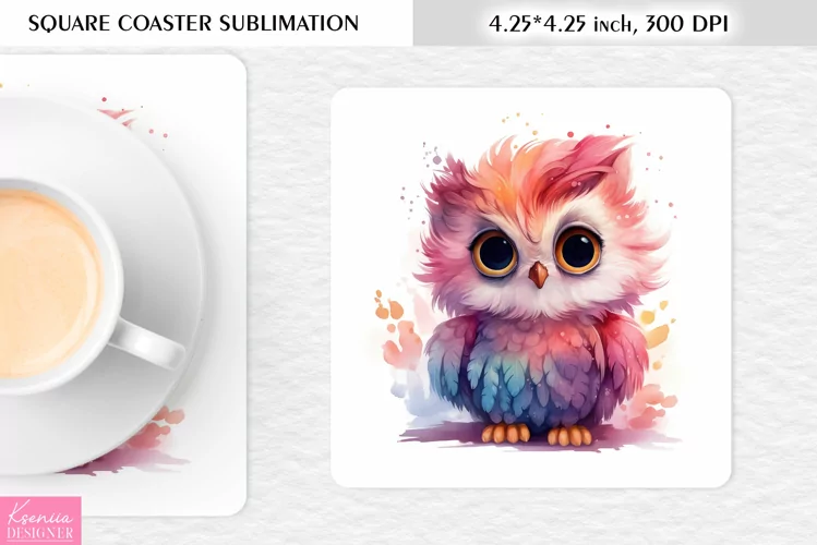 Cute Watercolor Owl| Square Coaster Sublimation