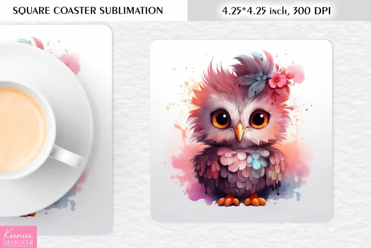Cute Watercolor Owl| Square Coaster Sublimation