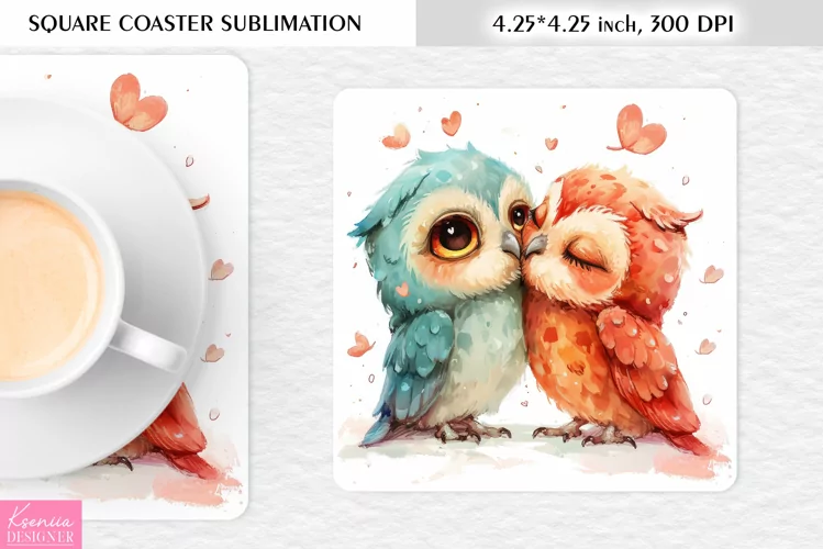Cute Watercolor Owl| Square Coaster Sublimation