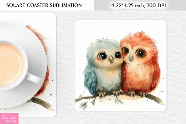 Cute Watercolor Owl| Square Coaster Sublimation