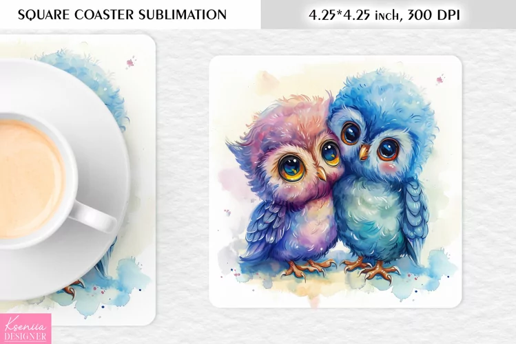 Cute Watercolor Owl| Square Coaster Sublimation
