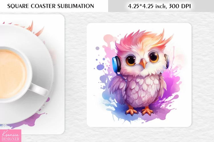 Cute Watercolor Owl| Square Coaster Sublimation