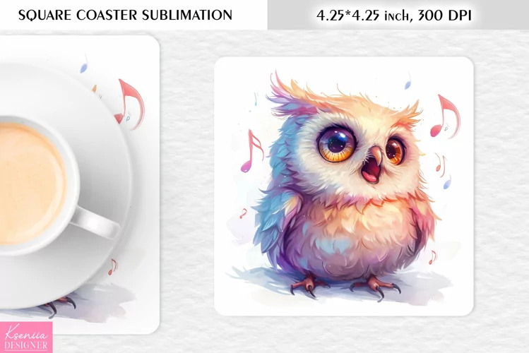 Cute Watercolor Owl| Square Coaster Sublimation
