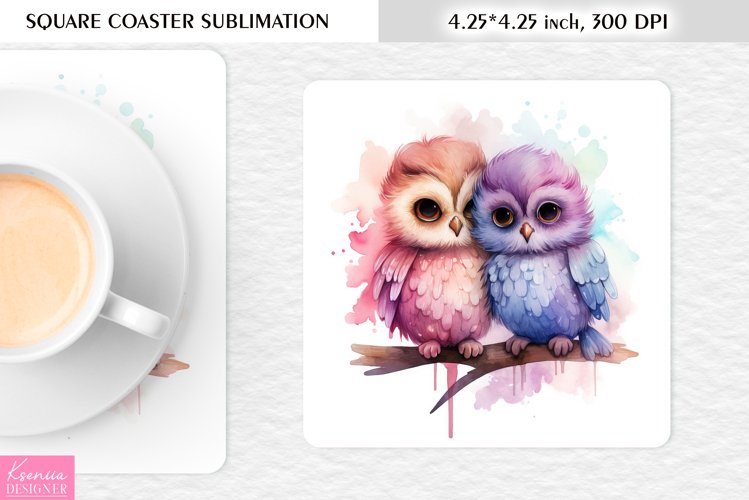 Cute Watercolor Owl| Square Coaster Sublimation