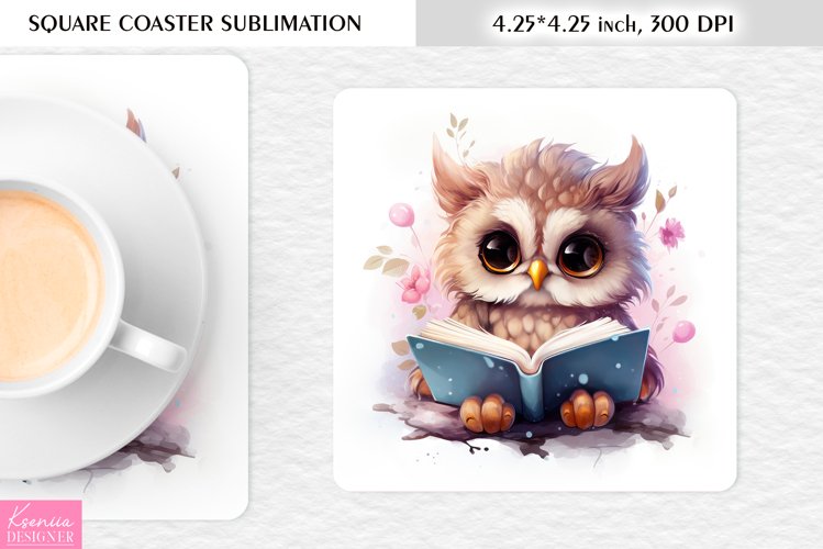 Cute Watercolor Owl| Square Coaster Sublimation example image 1
