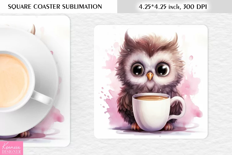 Cute Watercolor Owl| Square Coaster Sublimation