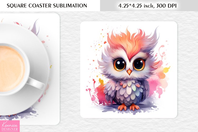 Cute Watercolor Owl| Square Coaster Sublimation example image 1
