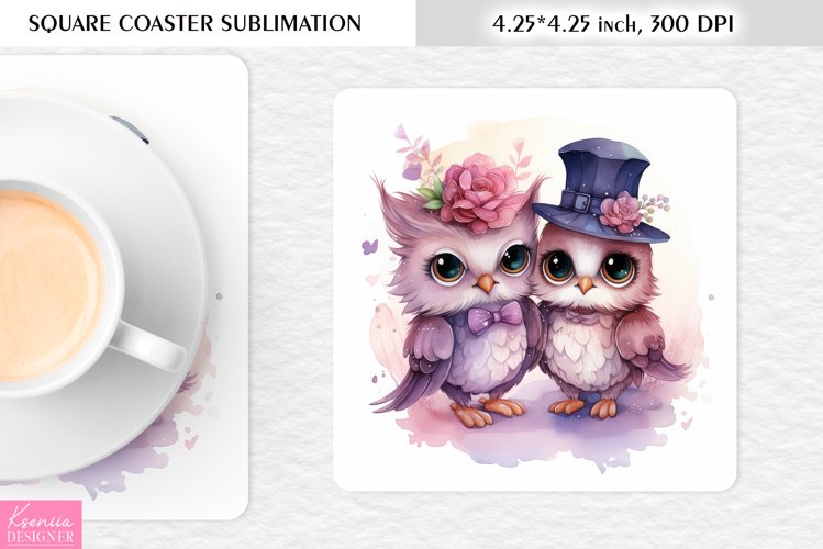Cute Watercolor Owl| Square Coaster Sublimation example image 1