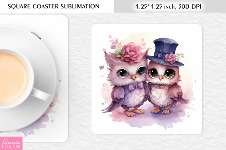 Cute Watercolor Owl| Square Coaster Sublimation