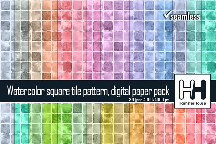 Watercolor square tile pattern, seamless digital paper pack example image 1