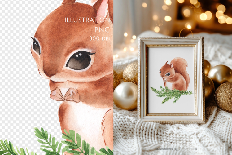 Watercolor Christmas Squirrel PNG