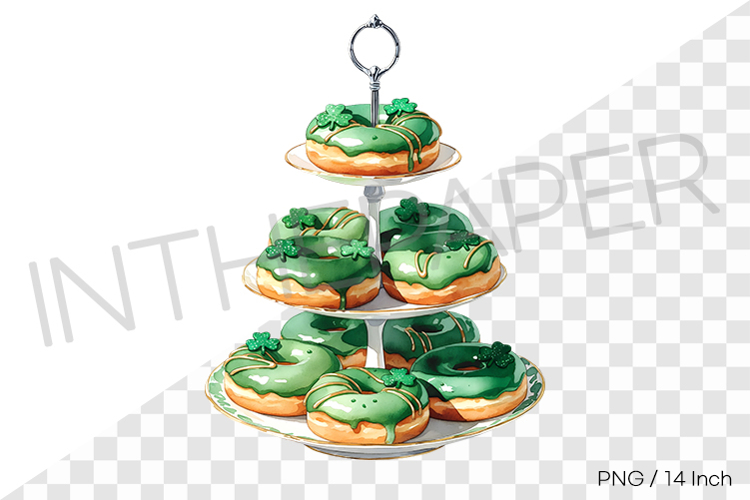 Green festive donuts on a tiered display stand PNG Clipart