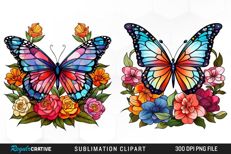 Stained Glass Butterfly Flower Set Clipart