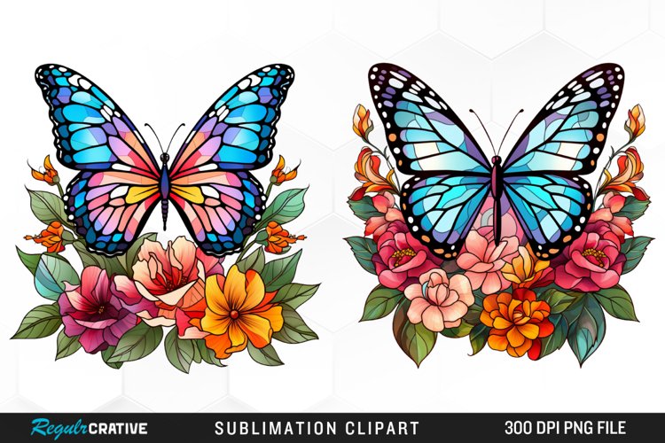 Stained Glass Butterfly Flower Set Clipart example image 1