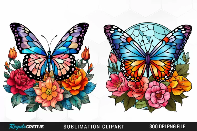 Stained Glass Butterfly Flower Clipart