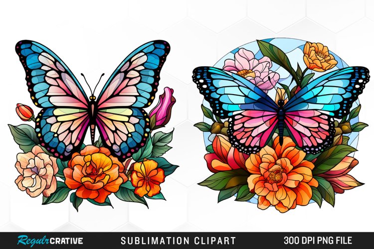 Stained Glass Butterfly Flower Set Clipart