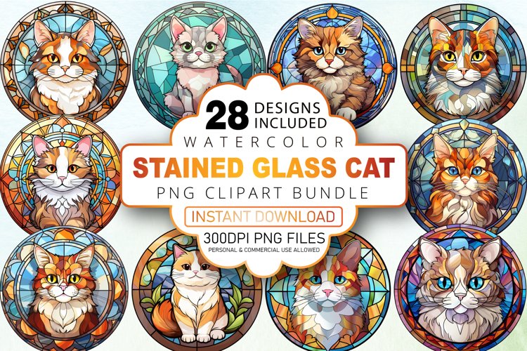 Watercolor Stained Glass Cat Clipart Bundle