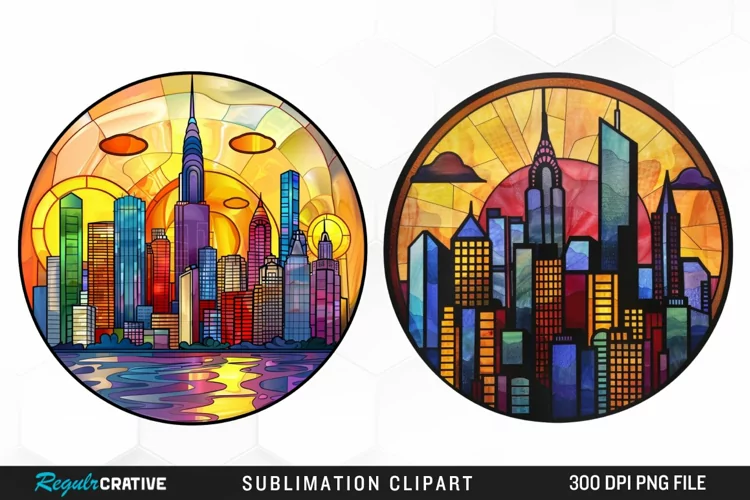 Watercolor Stained Glass City Graphics Clipart