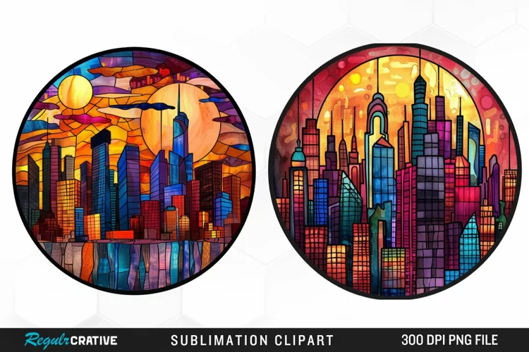 Watercolor Stained Glass City Graphics Clipart
