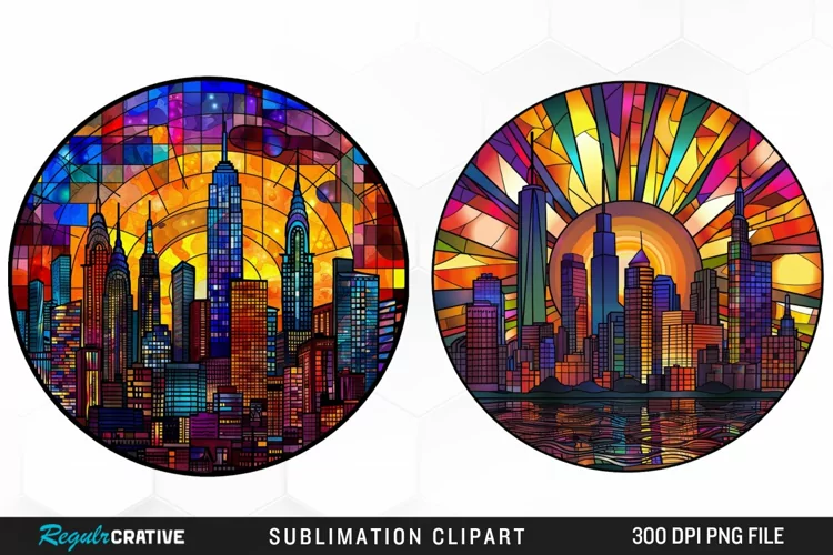 Watercolor Stained Glass City Graphics Clipart