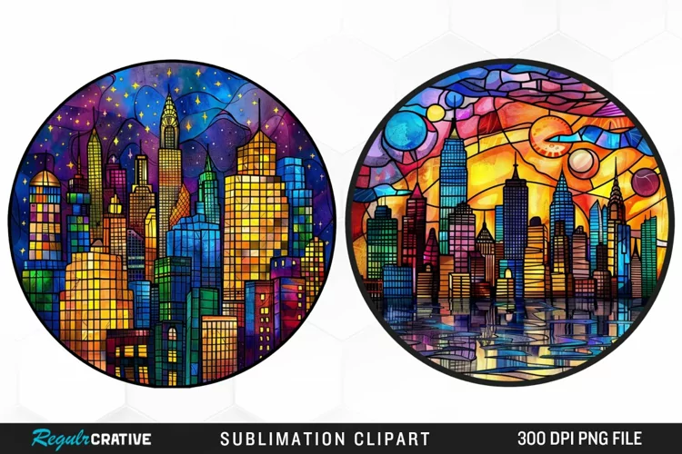 Watercolor Stained Glass City Graphics Clipart