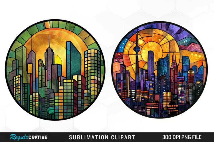 Watercolor Stained Glass City Fun Clipart
