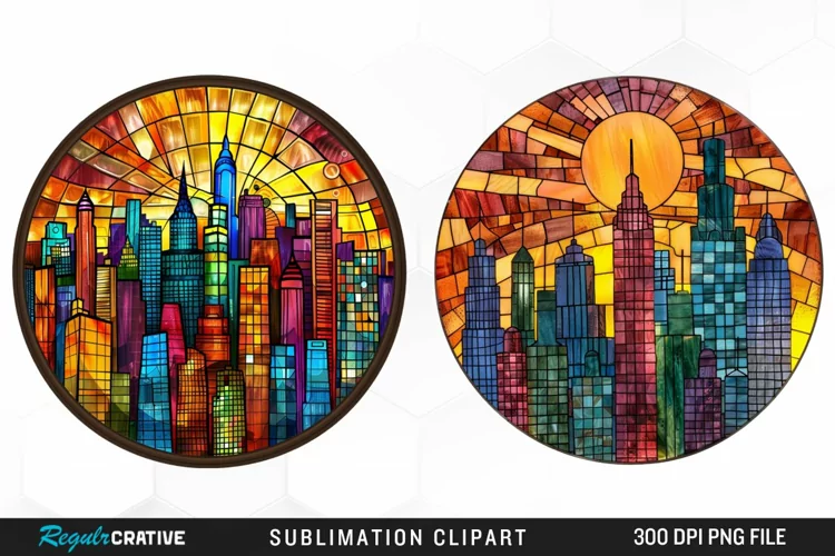 Watercolor Stained Glass City Graphics Clipart