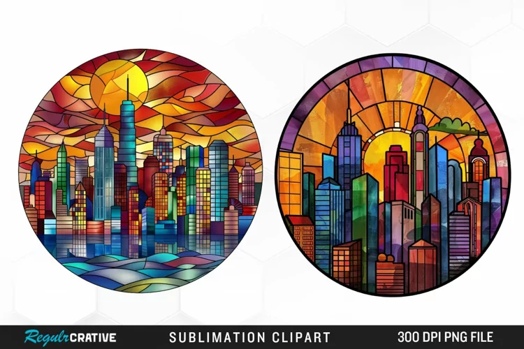 Watercolor Stained Glass City Graphics Clipart