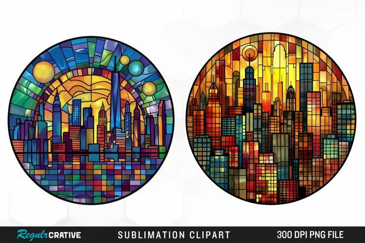 Watercolor Stained Glass City Fun Clipart