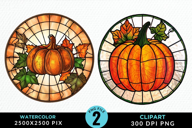 Watercolor Stained Glass Pumpkins Art Clipart example image 1