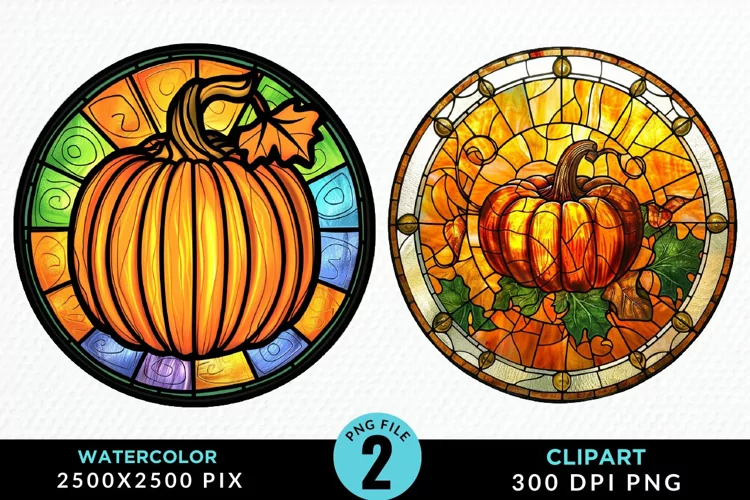 Watercolor Stained Glass Pumpkins Art Clipart