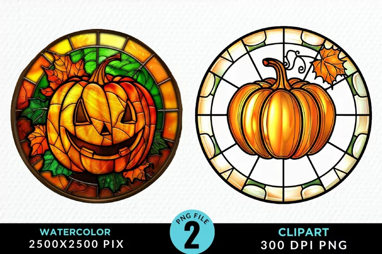 Watercolor Stained Glass Pumpkins Art Clipart