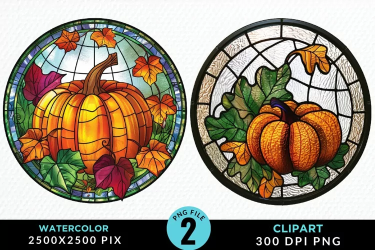 Watercolor Stained Glass Pumpkins Art Clipart