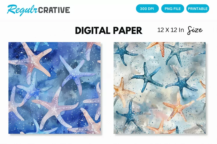 Watercolor Starfish Seamless Digital Paper, Starfish Pattern