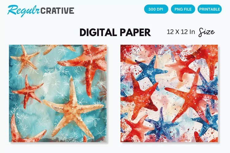 Watercolor Starfish Seamless Digital Paper, Starfish Pattern