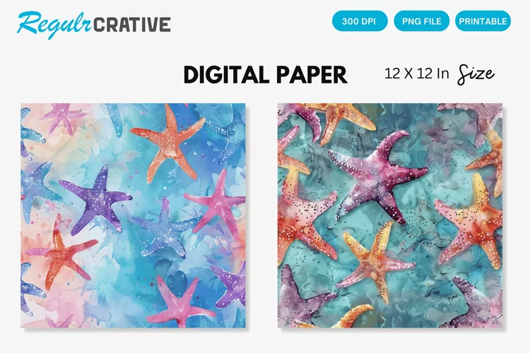 Watercolor Starfish Seamless Digital Paper, Starfish Pattern