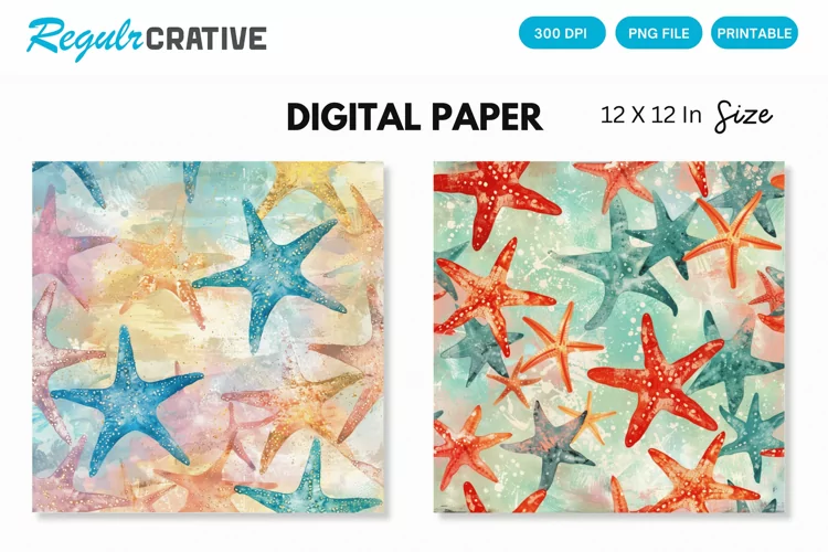 Watercolor Starfish Seamless Digital Paper, Starfish Pattern