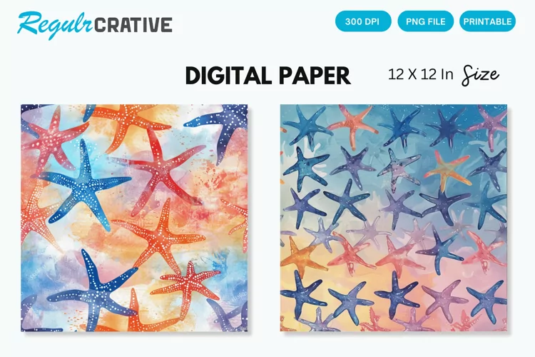 Watercolor Starfish Seamless Digital Paper, Starfish Pattern