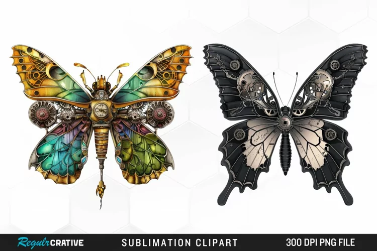 Watercolor Steampunk Butterflies Art Clipart