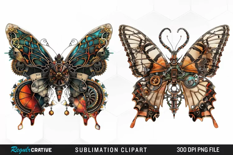 Watercolor Steampunk Butterflies Art Clipart
