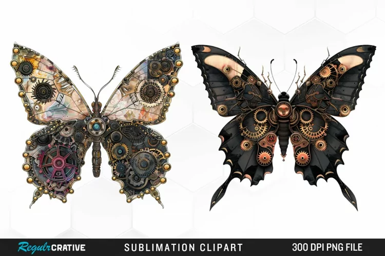Watercolor Steampunk Butterflies Art Clipart