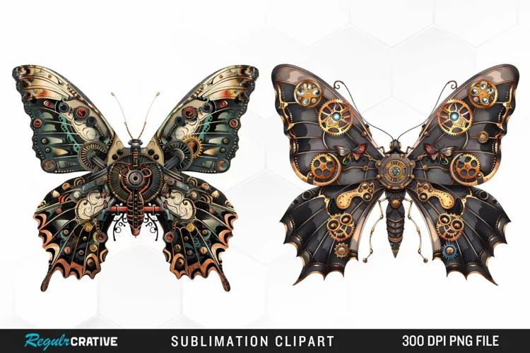 Watercolor Steampunk Butterflies Art Clipart