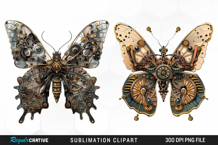 Watercolor Steampunk Butterflies Fun Clipart