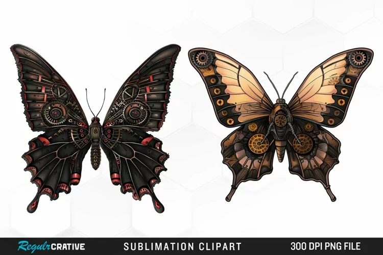 Watercolor Steampunk Butterflies Art Clipart