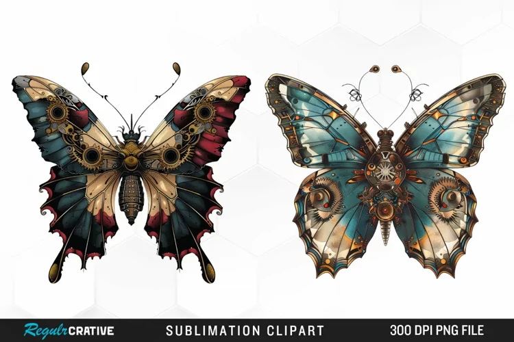 Watercolor Steampunk Butterflies Fun Clipart